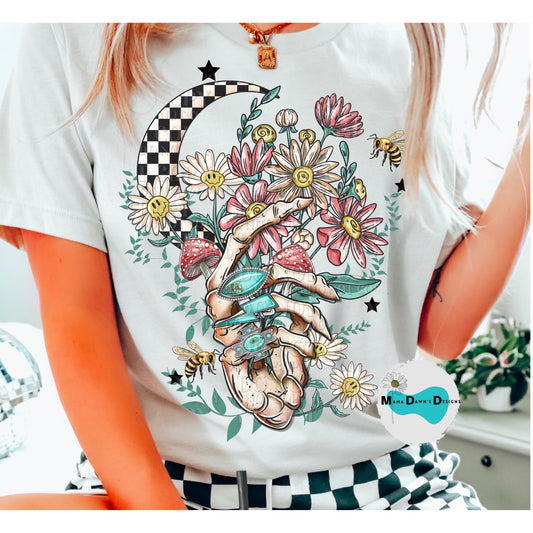 Skeleton Hand Holding Flowers Tee